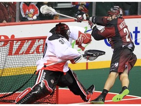 Calgary Roughnecks goalie Mike Poulin made all the difference for his team while making 56 saves in an 11-10 overtime victory over the Colorado Mammoth. (File)