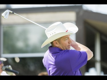Child-welfare advocate Sheldon Kennedy tees off during the Shaw Charity Classic's annual Shootout at the Meadows at Canyon Meadows Golf and Country Club in Calgary, Alta., on Wednesday, May 18, 2016. The celebrity-and-media closest-to-the-pin driving contest is a precursor to the Shaw Charity Classic golf tournament set to begin Aug. 31. Lyle Aspinall/Postmedia Network