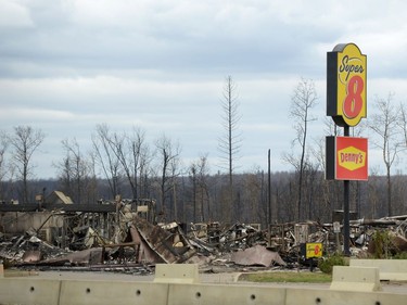A view of the burned out Super 8 motel is shown during a media tour of the fire-damaged city of Fort McMurray, Alta. on Monday, May 9, 2016.