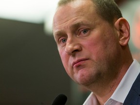 Calgary Flames general manager Brad Treliving speaks to media at the Scotiabank Saddledome in Calgary on Tuesday, May 3, 2016. The Flames had just fired head coach Bob Hartley and associate coach Jacques Cloutier.