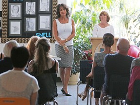 Yvonne Clarke, left, and Sharon Schubert speak to parents at St. Gabriel The Archangel School in Chestermere about youth drug addiction on Tuesday, May 3, 2016. Both women lost their sons to drugs.