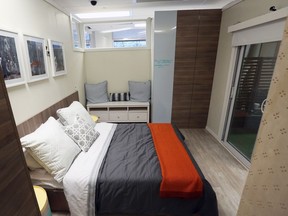 The bedroom of a 400 square foot laneway house that architectural students at the U of C have designed and built inside the Faculty of Environmental Design. The home integrates home health and aging-in-place that could be constructed in the backyard of a standard residential lot.