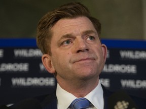 Wildrose leader Brian Jean speaks to the media after the NDP delivered the 2016/2017 provincial budget at the Alberta Legislature, in Edmonton Alta. on Thursda,  April 14, 2016.