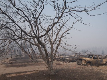 FORT MCMURRAY, AB - MAY 06:  Home foundations and shells of vehicles are nearly all that remain in a residential neighborhood destroyed by a wildfire on May 6, 2016 in Fort McMurray, Alberta, Canada Wildfires, which are still burning out of control, have forced the evacuation of more than 80,000 residents from the town.