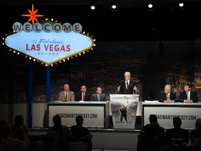 Senior Vice President of Arenas for MGM Resorts International Mark Prows, President and CEO of the Las Vegas Convention & Visitors Authority Rossi Ralenkotter, NHL Commissioner Gary Bettman, Fidelity National Financial Inc. Chairman and President of Hockey Vision Las Vegas Bill Foley, Clark County Commissioner Steve Sisolak and Schneider Electronics CMO Chris Hummel attend a news conference at the MGM Grand Hotel & Casino announcing the launch of a season ticket drive to try to gauge if there is enough interest in Las Vegas to support an NHL team on February 10, 2015 in Las Vegas, Nevada. A Las Vegas franchise would play in a USD 375 million, 20,000-seat arena being built on the Strip by MGM Resorts International and AEG that is scheduled to open in the spring of 2016.