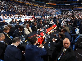 A general view of the draft table for the Calgary Flames during the 2016 NHL Draft on June 25, 2016 in Buffalo, N.Y.