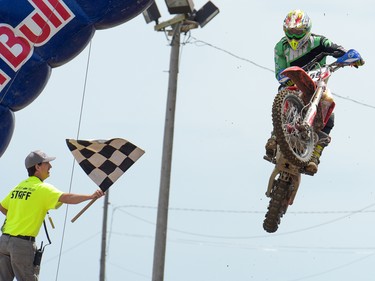 Kevin Pelletier soars over the final jump on the course at Wild Rose MX Park, which hosted the Redbull Chasing Limits Motor Cross competition in Calgary on June 26, 2016.