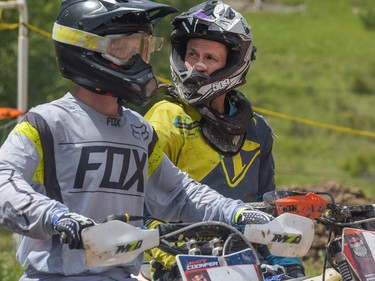 Intermediate competitors Robert Masters and Branden Petrie wait for their heat to begin at the Redbull Chasing Limits Motor Cross competition in Calgary on June 26, 2016.