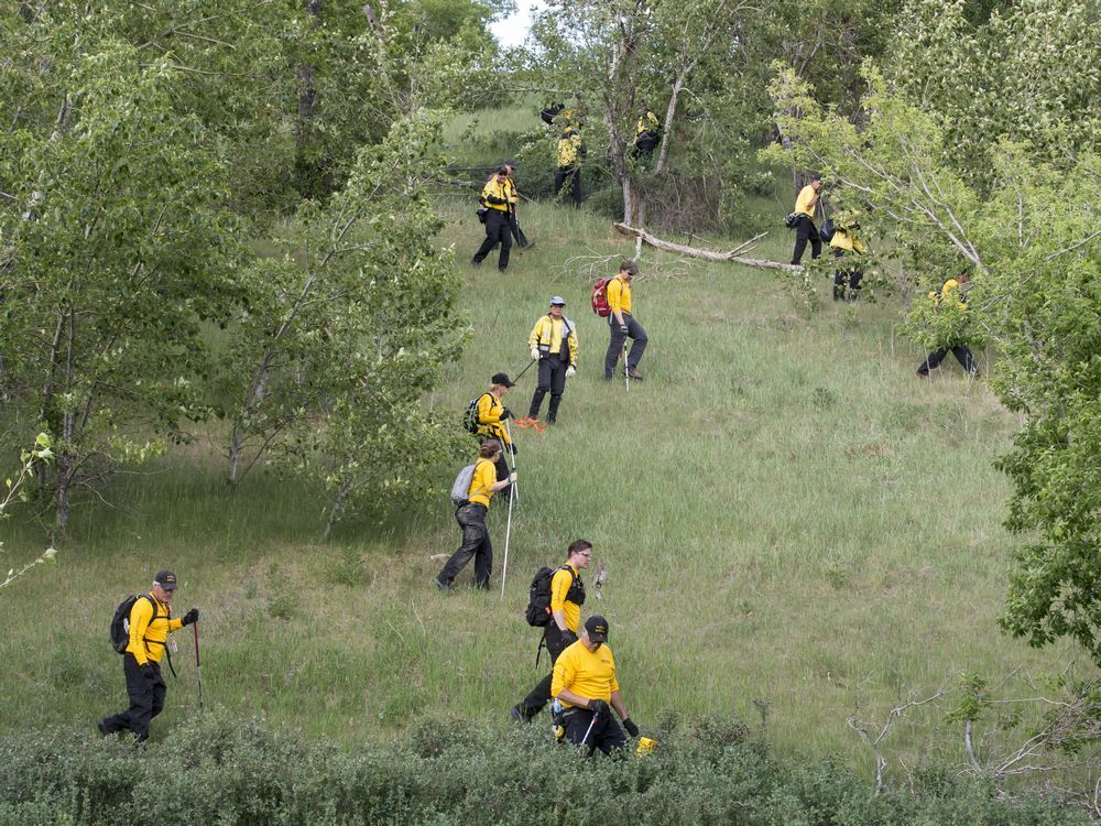 A Calgary Search and Rescue crew scours a heavily wooded hillside next to Memorial Drive, west of the Centre Street Bridge, in Calgary, Alta., on Wednesday, June 8, 2016. Police had found a dead person in the area that morning. Lyle Aspinall/Postmedia Network