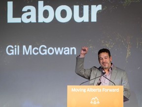 Alberta Federation of Labour president Gil McGowan speaks during the Alberta NDP convention in Calgary, Alta., on Sunday, June 12, 2016. Lyle Aspinall/Postmedia Network