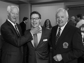 Allan Klassen (centre) with Gordie Howe (left) and another retired Canadian hockey player, Yvan Cournoyer (right), at the Gordie Howe C.A.R.E.S. Pro-Am Hockey Tournament in 2014.