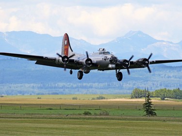 Aluminum Overcast, a B17 Flying Fortress, lands at the Springbank Airport outside Calgary on Wednesday June 22, 2016. The WW II bomber is owned by the U.S. based Experimental Aircraft Association who will take people on flights in the vintage aircraft. Flights are used as a fundraiser for the organization to help restore and maintain vintage aircraft.