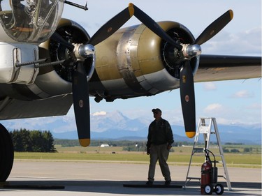 Aluminum Overcast, a B17 Flying Fortress, is readied for a flight at the Springbank Airport outside Calgary on Wednesday June 22, 2016. The WW II bomber is owned by the U.S. based Experimental Aircraft Association who will take people on flights in the vintage aircraft. Flights are used as a fundraiser for the organization to help restore and maintain vintage aircraft.