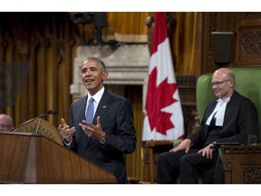 U.S. President Barack Obama addresses Parliament in the House of Commons on Parliament Hill, as House Speaker Geoff Regan looks on, in Ottawa on Wednesday, June 29, 2016.