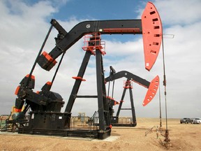 Pumpjacks at a Baytex Energy well site near Crosby, North Dakota.