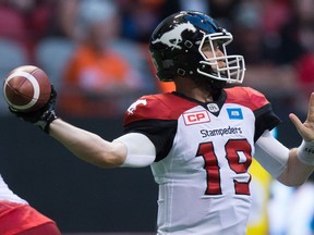 Calgary Stampeders' quarterback Bo Levi Mitchell passes against the B.C. Lions during the first half of a CFL football game in Vancouver, B.C., on Saturday June 25, 2016.