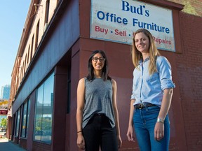 Alisha Mawji, left and Katie Pearce are hoping to turn part of Bud's Furniture building into affordable co-working and community space for Calgary designers and artists. They were photographed outside the building on Monday June 27, 2016.