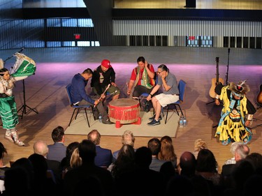The Eya Hey Nakoda drum group provided the first sounds during a ceremonial opening at Studio Bell, home of the National Music Centre in Calgary on Wednesday June 29, 2016. The Centre opens to the public on Canada Day.
