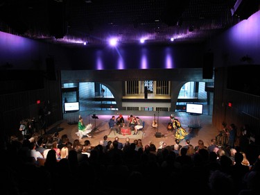 First Nations dancers along with the first sounds by the Eya Hey Nakoda drum group marked the ceremonial opening of Studio Bell, home of the National Music Centre in Calgary on Wednesday June 29, 2016. The Centre opens to the public on Canada Day.