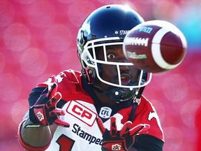 Roy Finch of the Calgary Stampeders during warm up before playing the Edmonton Eskimos in CFL football in Calgary, Alta., on Saturday, June 11, 2016. AL CHAREST/POSTMEDIA