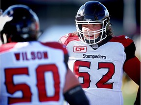 Quinn Horton of the Calgary Stampeders during warm up before playing the Edmonton Eskimos in CFL football in Calgary on June 11, 2016.