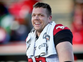 Calgary Stampeders Dan Federkeil against the Edmonton Eskimos in CFL football in Calgary on June 11, 2016.