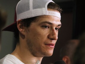 The Calgary Flames' Joe Colborne speaks to the media at Scotiabank Saddledome as the team cleared out their lockers for the season on Monday, April 11, 2016.  GAVIN YOUNG/POSTMEDIA