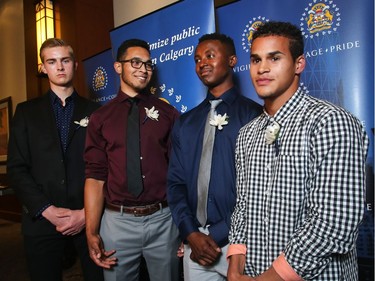 Skateboarding friends, from the left, James Hielema, Carsyn Wright, Arnaud Nimenya and Starlyn Rivas-Perez , all age 19, are pictured at the BMO Centre as the Calgary Police host the annual Chief's Awards Gala Thursday evening June 2, 2016. The four intervened in the sexual assault of a woman in the Chinook Centre parking lot then chased down the perpetrator in April 2015.