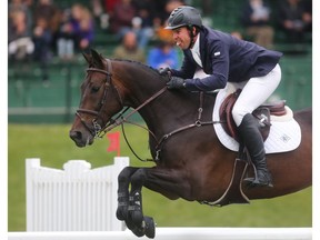 Jack Hardin Towell Jr. of the USA  rides Lucifer V to victory in the RBC Capital Markets Cup at Spruce Meadows Friday June 10, 2016 on day three of The National.