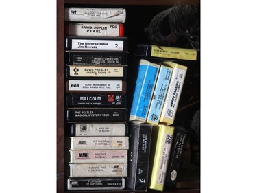 Stacks of 8 track tapes, some of the numerous musical curiosities at Kelly Jay's home in Penbrooke Meadows.