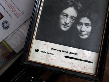 A photo of John Lennon and Yoko One, signed by Lennon at Kelly Jay's  home in Penbrooke Meadows.