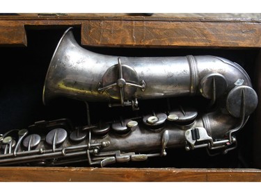 An ancient saxophone handed down from his father at Kelly Jay's home in Penbrooke Meadows.