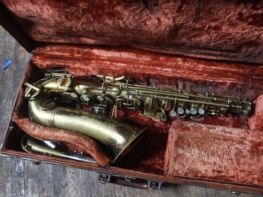 An ancient saxophone handed down from his father at Kelly Jay's home in Penbrooke Meadows.