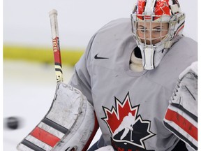 Emerance Maschmeyer makes a stop at the National Women's Goaltending Camp at Markin MacPhail Arena in Calgary, Ab., on Friday June 3, 2016.