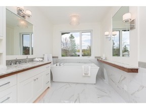 The ensuite in a new duplex show home in Parkdale by Brad-Mar Homes.