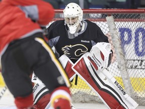 Crystal Schick/ Calgary Herald CALGARY, AB -- Calgary Flames back up goalie Jon Gillies during practice at the Saddledome in Calgary, on April 18, 2015, the day before game three of the Vancouver series. --  (Crystal Schick/Calgary Herald) (For Sports story by  Scott Cruickshank) 00064394A