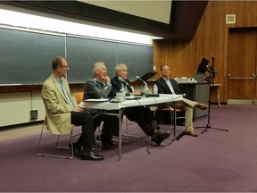 From left to right, Ian Brodie, Preston Manning and Tom Flanagan speak on a panel on the Harper years at the University of Calgary on June 2, 2016.