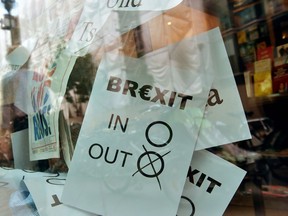 A poster featuring a Brexit ballot is on display in a Berlin book shop window on Friday.