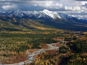 The Flathead River in southeastern British Columbia looking south into Glacier National Park in the United States.