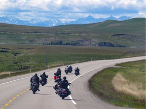 Heading down Highway 22  on Friday morning for the 14th annual Kids Cancer Care Foundation Ride For A Lifetime sponsored the the Kinsmen on Friday June 17, 2016. Mike Drew/Postmedia