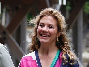 Sophie Gregoire-Trudeau, wife of Canada's Prime Minister Justin Trudeau, next to Ujibashi bridge during a visit to Ise-Jingu Shrine in the city of Ise in Mie prefecture, on May 26, 2016 on the first day of the G7 leaders summit in Japan. Gregoire Trudeau wore earrings designed by Dean Davidson.