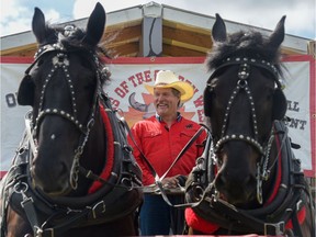 Kevin Graham prepares to drive Jack and Cap, Stampede Parade horses, just outside of Calgary on June 22, 2016. The Calgary Stampede organized a horse safety demonstration which highlighted the meticulous process of getting the horses and equipment ready.