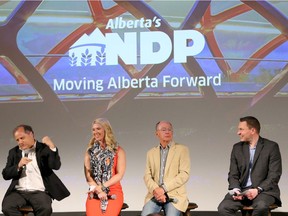 (L-R) Brian Topp, Cheryl Oates, Gerry Scott and Deron Bilous participate during a panel discussion at the Alberta Provincial NDP convention held at the Hyatt Regency in Calgary, Alta on Friday June 10, 2016.
