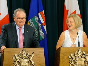 Alberta Premier Rachel Notley (right) and Government House Leader Brian Mason (left)  discussed the government's accomplishments during the spring sitting of the legislature. The media availability was held at the Alberta Legislature in Edmonton on June 7, 2016.
