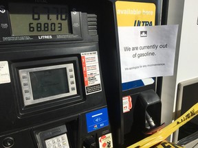 Customers are coming up empty at some gas stations in Calgary. Motorists at the Petro-Canada on Crowfoot Way were greeted with this sign at the pump on Friday.