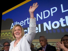 Premier Rachel Notley waves during an Alberta NDP convention at the Hyatt Regency in downtown Calgary on Saturday, June 11, 2016.