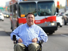 Barry Lindemann poses on Macleod Tr SW in Calgary, Alta on Tuesday April 26, 2016. Lindemann became a quadriplegic after an accident at 22 and now sits on the accessibility committee for Calgary Transit. He says he likes the area because of its proximity to bus, CTrain and amenities like shopping.