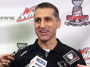 Christina Ryan/ Calgary Herald CALGARY, AB --MARCH 25, 2015 -- Mark French, head coach of the Calgary Hitmen talks to media on the WHL playoffs, on March 25, 2015. (Christina Ryan/Calgary Herald) (For Sports story by Christina Ryan) 00063700A SLUG: 0326 WHL playoffs 2