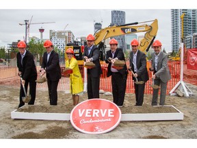 Shovels turned for Verve in East Village. From left, Brian Moir - Direct Real Estate Group; ATB Financial Corporate Services, Michael Roulston, managing director Central West Region, MCAP Financial Group; Councillor Druh Farrell; Michael Brown - president and CEO of Calgary Municipal Land Corp.; Frank Giannone, president, FRAM Building Group; Allan Beron, president, Urban One Builders; Fred Serrafero - vice-president of development and construction for FRAM Building Group.