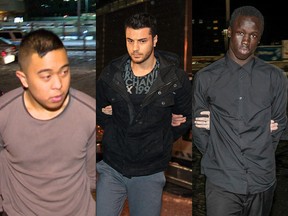 From left, Franz Cabrera, convicted of second-degree murder; Assmar Shlah, convicted of second-degree murder; Joch Pouk, convicted of manslaughter. All for the 2013 death of Lukas Strasser-Hird outside a downtown Calgary nightclub.
